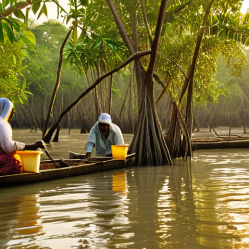 Home 15 **Image Prompt:** A vibrant scene depicting Sundarbans villagers collecting honey in the mangrove forest. Show traditional methods alongside modern beekeeping practices. Include diverse villagers, lush greenery, and golden sunlight filtering through the trees.