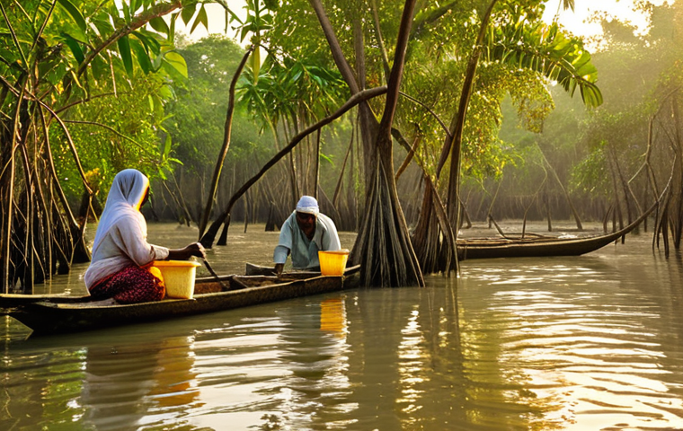 **Image Prompt:** A vibrant scene depicting Sundarbans villagers collecting honey in the mangrove forest. Show traditional methods alongside modern beekeeping practices. Include diverse villagers, lush greenery, and golden sunlight filtering through the trees.
