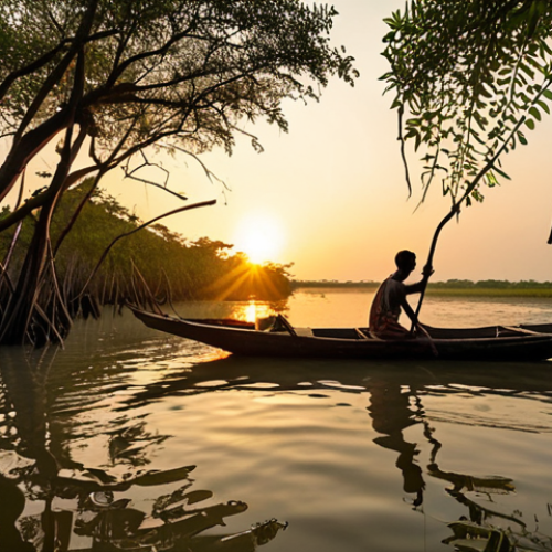 Home 14 **
A wide shot of a Sundarbans fisherman in a small wooden boat, casting a net in the mangrove forest during sunset. Focus on the traditional fishing methods, the intricate root system of the mangroves, and the warm, golden light reflecting on the water. The scene should evoke a sense of both beauty and hardship.
**