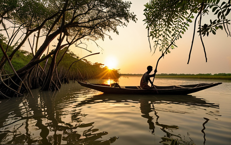 **
A wide shot of a Sundarbans fisherman in a small wooden boat, casting a net in the mangrove forest during sunset. Focus on the traditional fishing methods, the intricate root system of the mangroves, and the warm, golden light reflecting on the water. The scene should evoke a sense of both beauty and hardship.
**