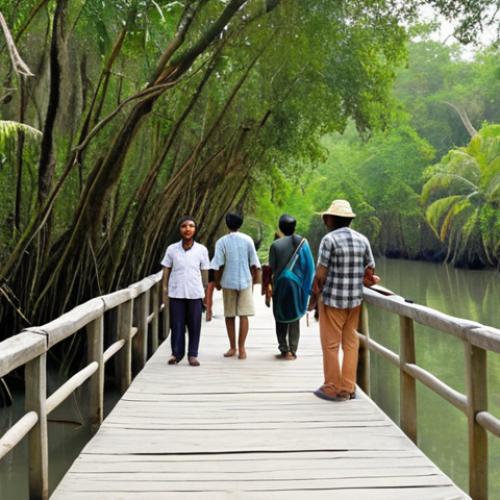 Home 7 Eco-tourism in Sundarbans: Tourists on a designated path, guided by locals, observing the biodiversity, with informational displays about the importance of conservation.