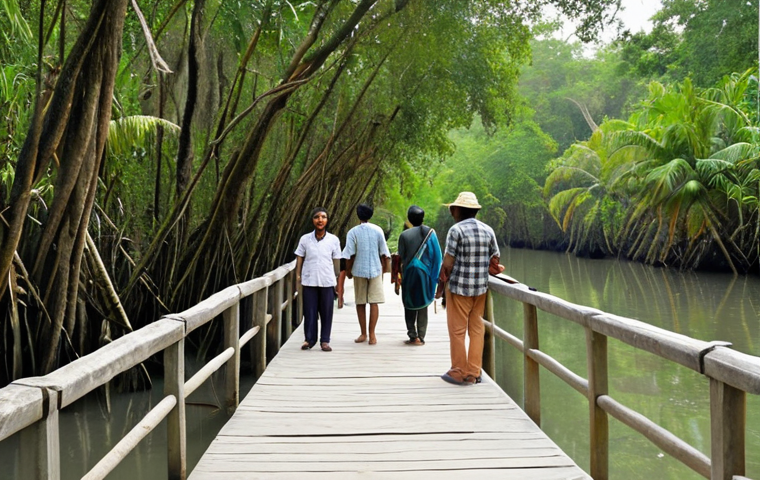 Eco-tourism in Sundarbans: Tourists on a designated path, guided by locals, observing the biodiversity, with informational displays about the importance of conservation.