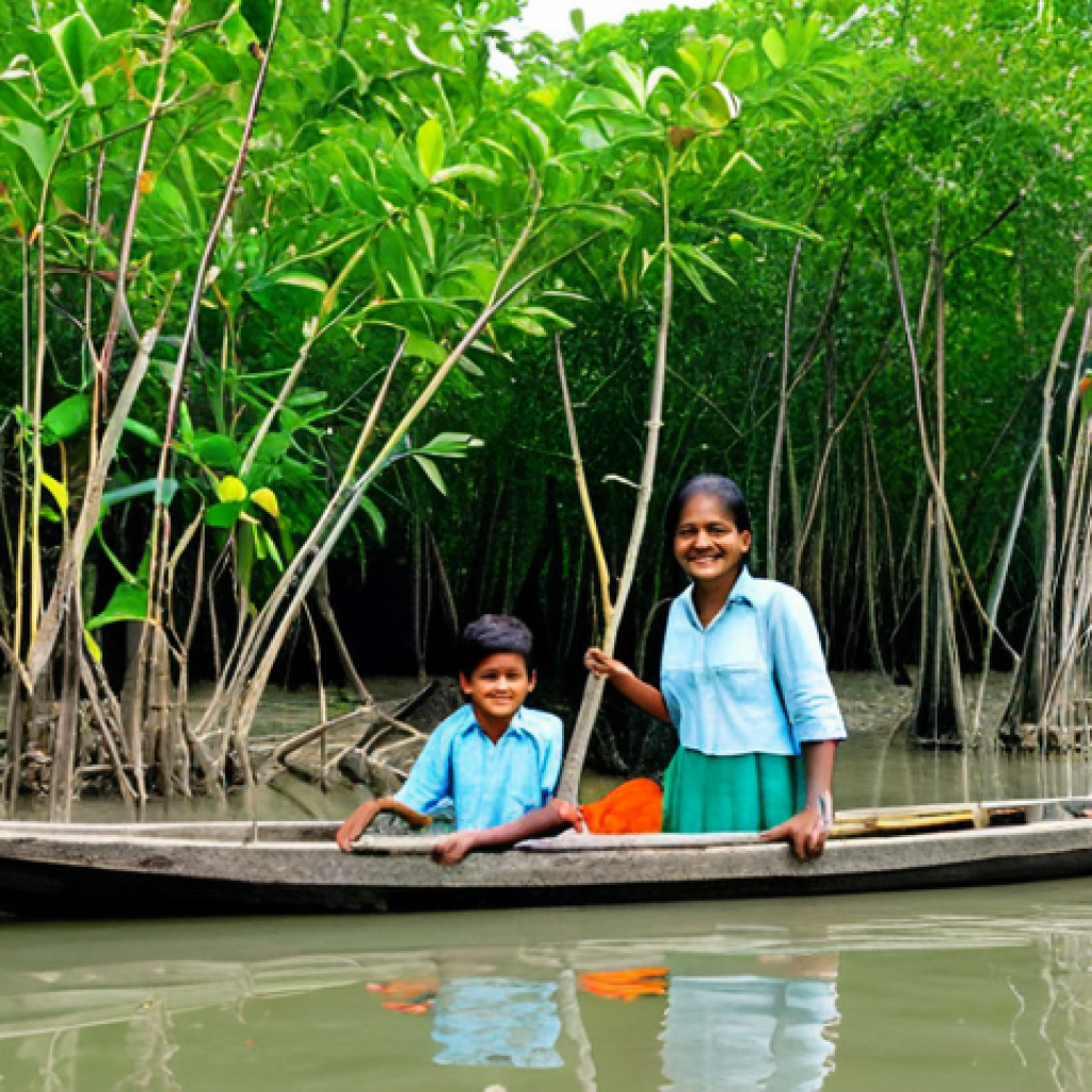 **
"Children in the Sundarbans, fully clothed in appropriate attire, participating in a mangrove tree planting activity near a riverbank. They are smiling and learning from a local guide about the importance of mangroves. Background shows a lush mangrove forest and a traditional boat. Safe for work, appropriate content, professional, family-friendly, perfect anatomy, natural pose, well-formed hands, proper finger count, natural body proportions."
**