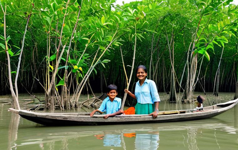 **
"Children in the Sundarbans, fully clothed in appropriate attire, participating in a mangrove tree planting activity near a riverbank. They are smiling and learning from a local guide about the importance of mangroves. Background shows a lush mangrove forest and a traditional boat. Safe for work, appropriate content, professional, family-friendly, perfect anatomy, natural pose, well-formed hands, proper finger count, natural body proportions."
**