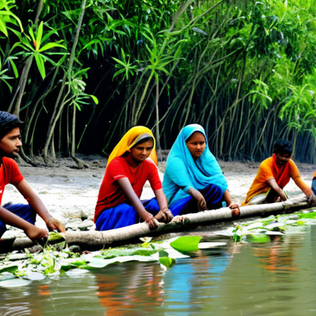 **
A group of fully clothed local villagers participating in a mangrove planting activity along a riverbank in the Sundarbans. Appropriate attire, safe for work, professional photography, perfect anatomy, correct proportions, natural lighting, high quality image, family-friendly, showcasing community involvement in conservation.
**