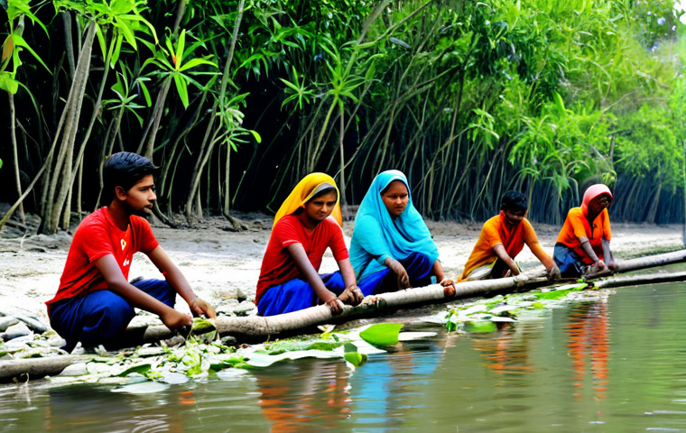 **
A group of fully clothed local villagers participating in a mangrove planting activity along a riverbank in the Sundarbans. Appropriate attire, safe for work, professional photography, perfect anatomy, correct proportions, natural lighting, high quality image, family-friendly, showcasing community involvement in conservation.
**