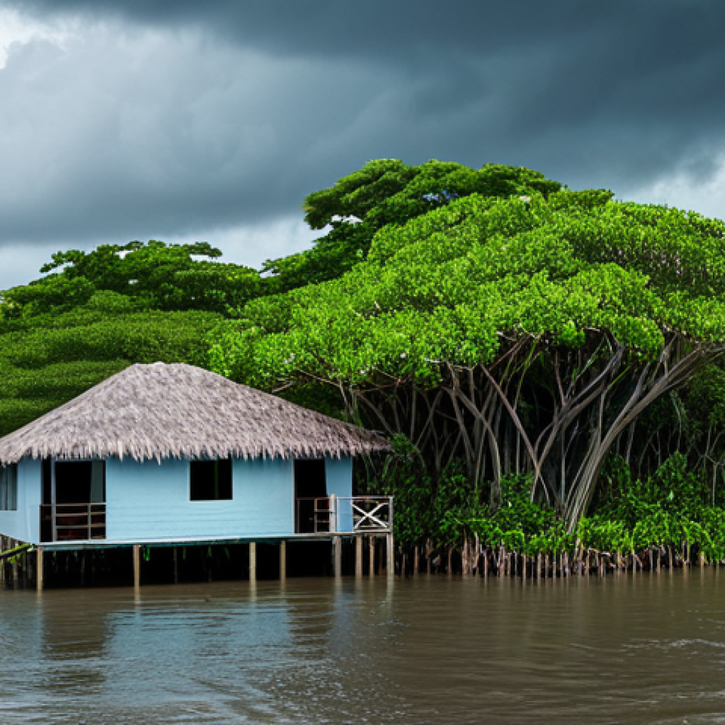 맹그로브 숲의 복원과 생태계 지속 가능성 - "Lush mangrove forest at sunset, vibrant green foliage reflecting in calm water, diverse birdlife vi...
