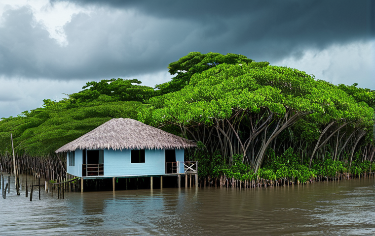 맹그로브 숲의 복원과 생태계 지속 가능성 - "Lush mangrove forest at sunset, vibrant green foliage reflecting in calm water, diverse birdlife vi...