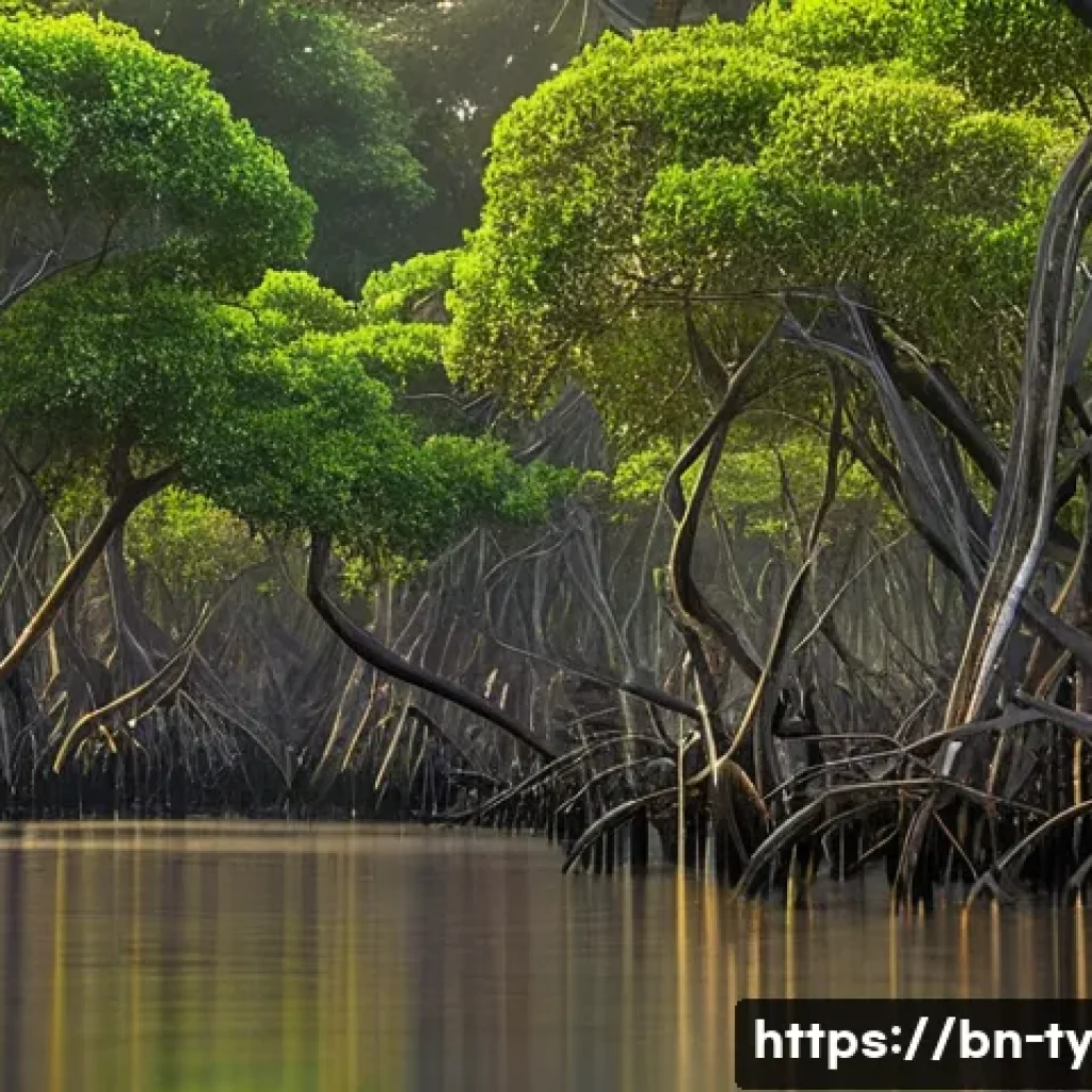 맹그로브 숲과 해양 생물 다양성 보존 - **Prompt:** A serene and majestic wide shot of a dense mangrove forest at dawn, with soft, golden li...