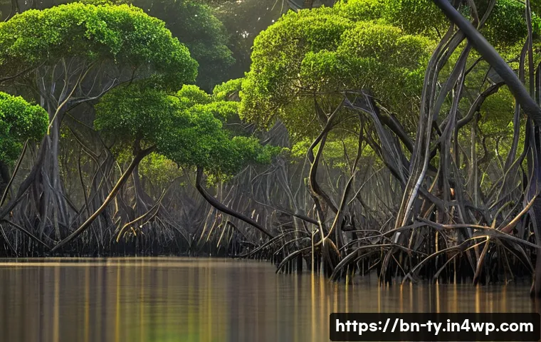 맹그로브 숲과 해양 생물 다양성 보존 - **Prompt:** A serene and majestic wide shot of a dense mangrove forest at dawn, with soft, golden li...