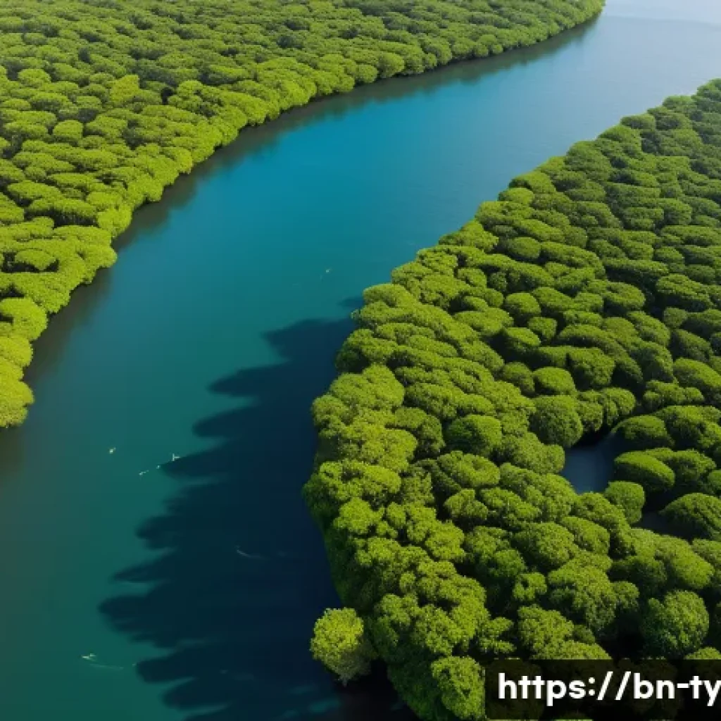 맹그로브 보존을 위한 기술 혁신 사례 - A detailed aerial view of a dense mangrove forest with a solar-powered drone hovering above, equippe...