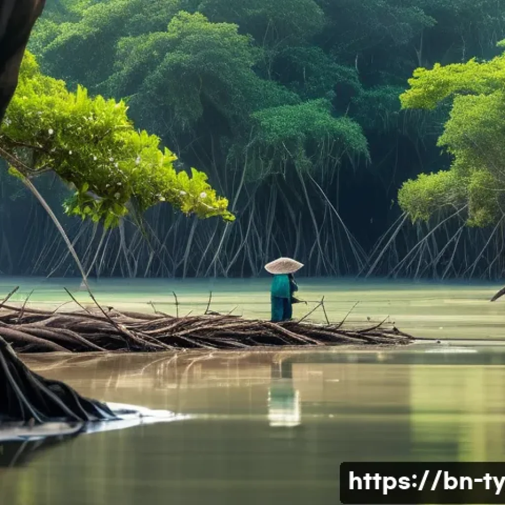 맹그로브 숲 생태계 서비스와 경제적 가치 - A vibrant mangrove forest scene at a coastal area in Bangladesh, featuring dense mangrove trees with...
