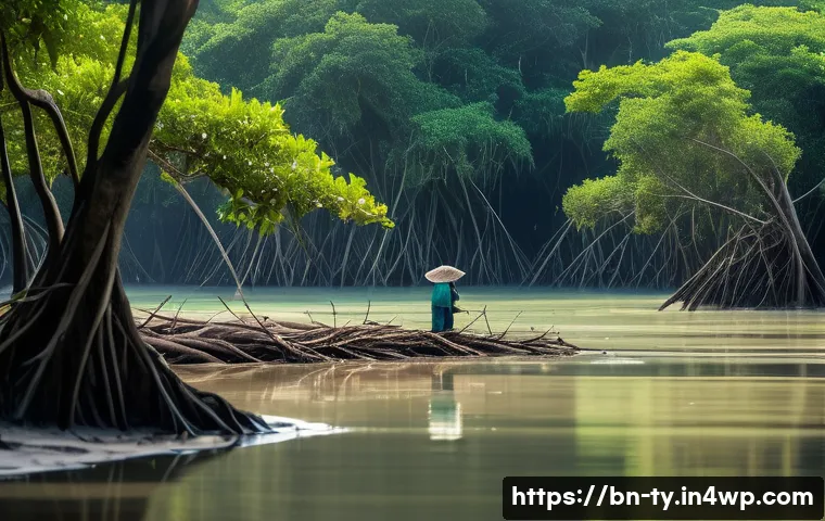 맹그로브 숲 생태계 서비스와 경제적 가치 - A vibrant mangrove forest scene at a coastal area in Bangladesh, featuring dense mangrove trees with...