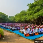 Home 21 맹그로브 보존 활동의 효과적인 홍보 방법 - A vibrant village scene in rural Bangladesh featuring a community workshop held at a local school co...