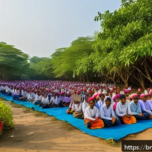 Home 33 맹그로브 보존 활동의 효과적인 홍보 방법 - A vibrant village scene in rural Bangladesh featuring a community workshop held at a local school co...