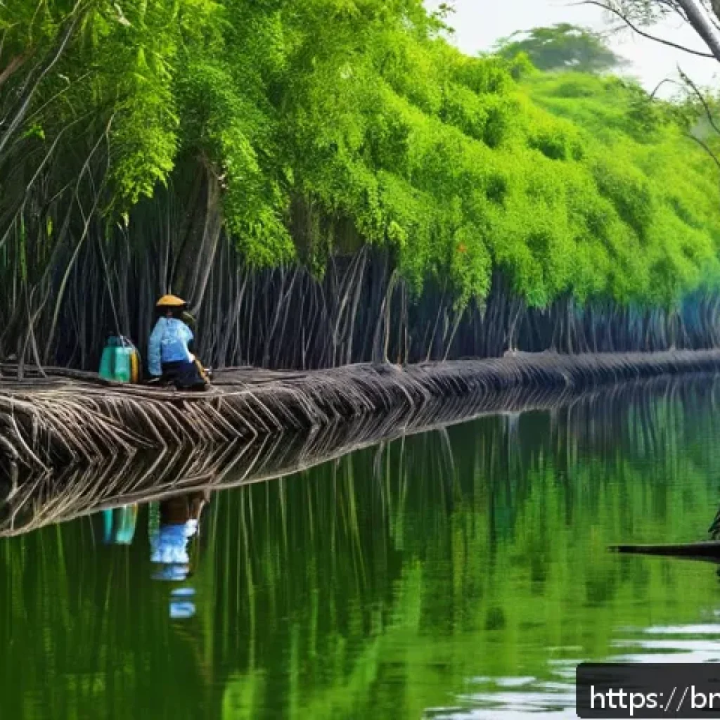 맹그로브 생태계와 관광 산업의 상호작용 - A serene mangrove forest scene during the dry season in Bangladesh, featuring dense green mangrove t...