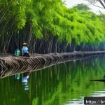 Home 20 맹그로브 생태계와 관광 산업의 상호작용 - A serene mangrove forest scene during the dry season in Bangladesh, featuring dense green mangrove t...