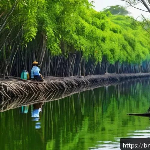 Home 32 맹그로브 생태계와 관광 산업의 상호작용 - A serene mangrove forest scene during the dry season in Bangladesh, featuring dense green mangrove t...