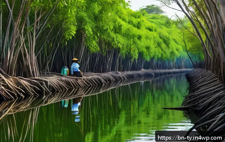 맹그로브 생태계와 관광 산업의 상호작용 - A serene mangrove forest scene during the dry season in Bangladesh, featuring dense green mangrove t...