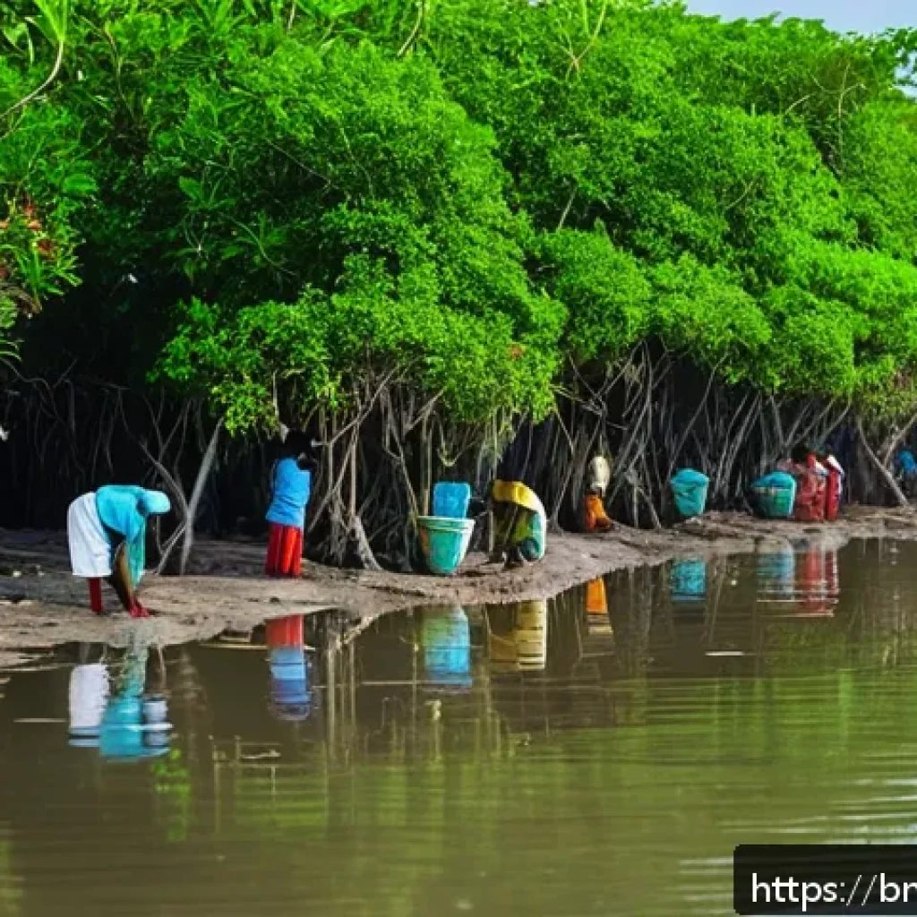맹그로브 보존을 위한 지역 사회 참여 방안 - A vibrant scene of a local Bengali coastal village where community members, including men and women ...