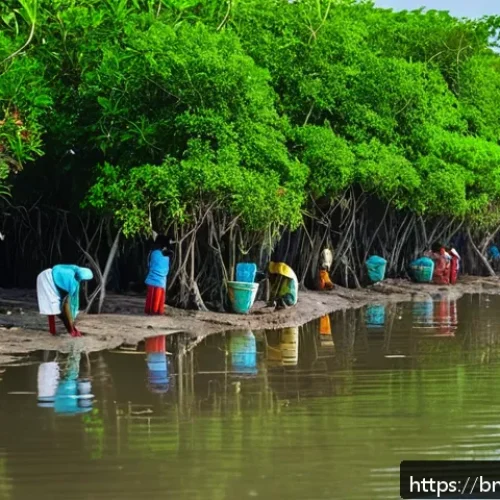 Home 31 맹그로브 보존을 위한 지역 사회 참여 방안 - A vibrant scene of a local Bengali coastal village where community members, including men and women ...