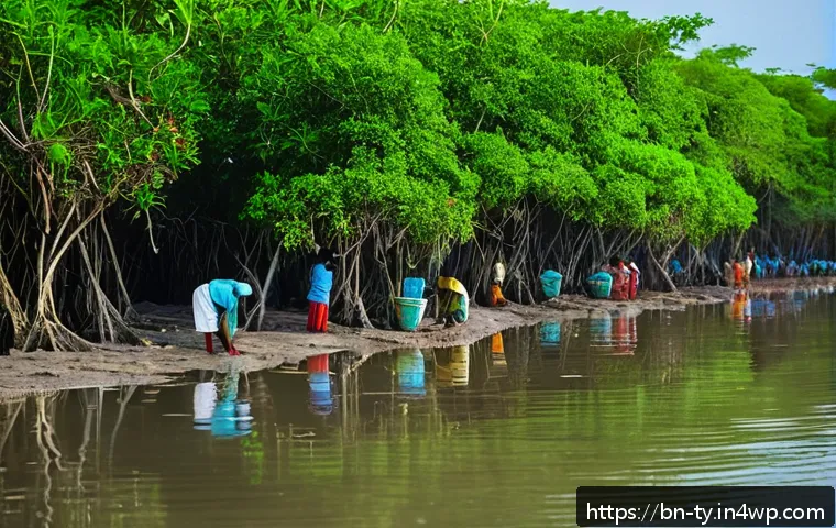 맹그로브 보존을 위한 지역 사회 참여 방안 - A vibrant scene of a local Bengali coastal village where community members, including men and women ...