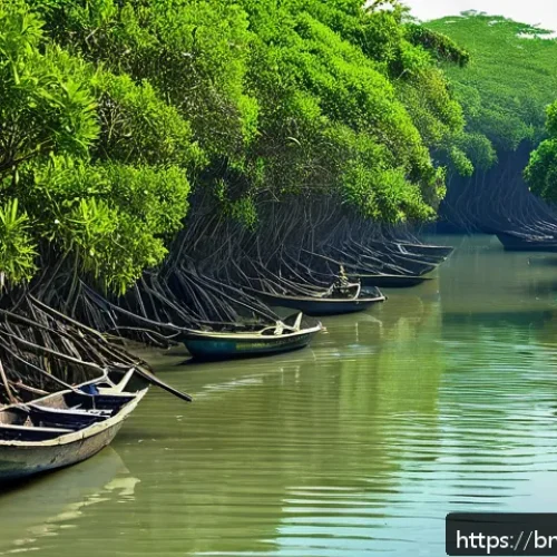 Home 17 맹그로브 생태계와 해양 환경 보호의 중요성 - A vibrant mangrove forest along a calm coastal shoreline in Bangladesh, showcasing dense green folia...