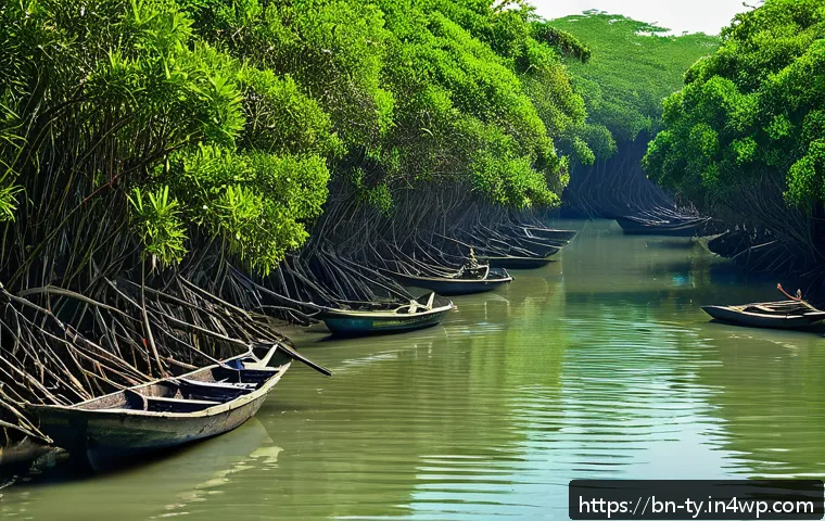 맹그로브 생태계와 해양 환경 보호의 중요성 - A vibrant mangrove forest along a calm coastal shoreline in Bangladesh, showcasing dense green folia...